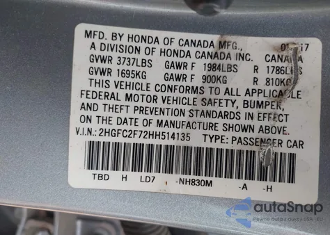 2017 Honda Civic Ex из США, поврежденный, VIN 2HGFC2F72HH514135